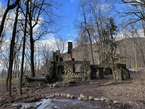 Ruins of a stone building surrounded by trees, with a clear blue sky and a path in the background.
