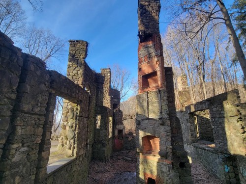 Ruins of a stone structure surrounded by trees, with a clear blue sky above and remnants of walls and a chimney.