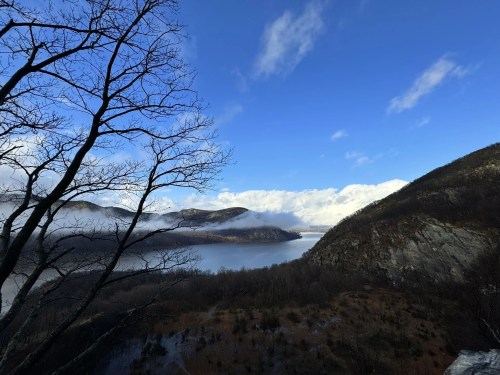 A scenic view of a lake surrounded by mountains and clouds under a blue sky, with a bare tree in the foreground.