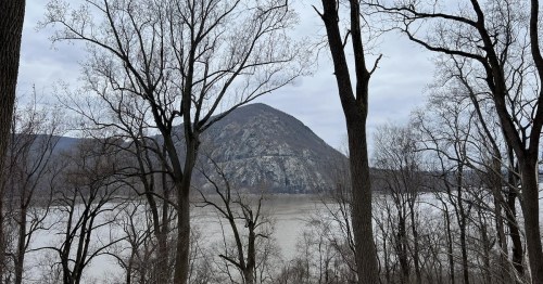 A view of a mountain rising above a river, framed by bare trees under a cloudy sky.