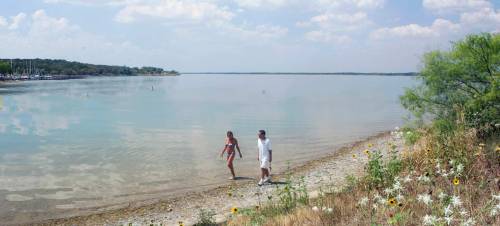 A serene lakeside scene with two people walking along the shore, surrounded by flowers and a calm water surface.