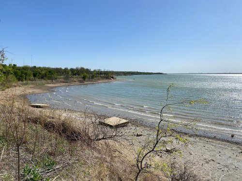A serene lakeshore with gentle waves, sandy beach, and green vegetation under a clear blue sky.