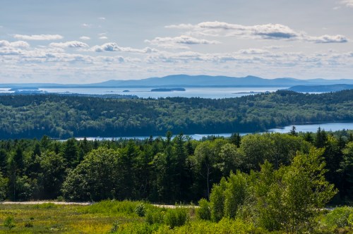 A scenic view of lush green forests and a tranquil lake, with distant mountains under a partly cloudy sky.