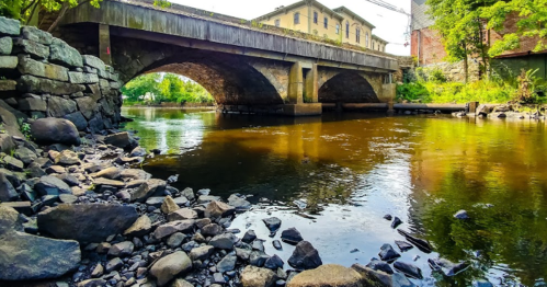 A stone bridge arches over a calm river, surrounded by greenery and historic buildings along the banks.