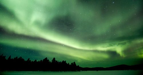 A stunning display of the northern lights illuminates the night sky over a snowy landscape and dark silhouettes of trees.