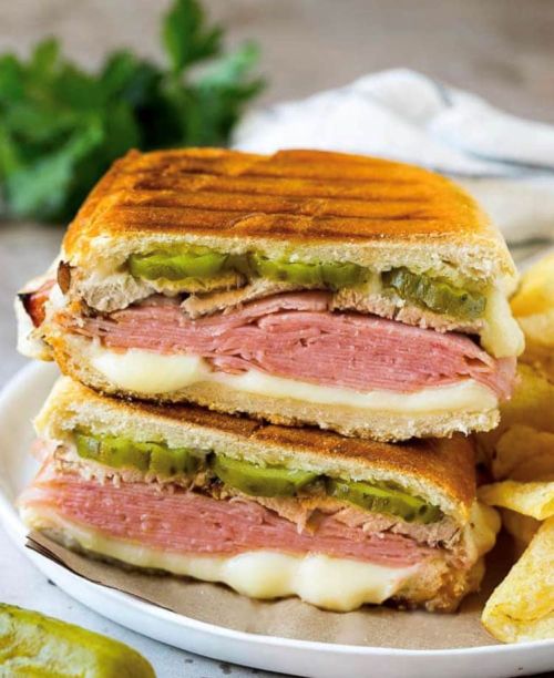 A toasted sandwich filled with ham, chicken, pickles, and melted cheese, served with crispy potato chips on the side.