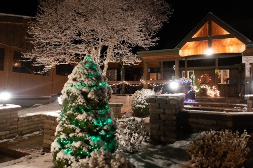 A snowy scene at night featuring a decorated tree and a warmly lit building, surrounded by festive holiday lights.