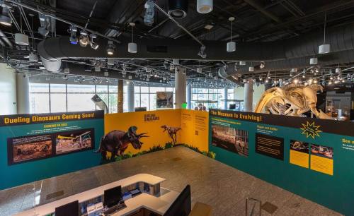 Exhibit space featuring "Dueling Dinosaurs" signage and displays, with a dinosaur skeleton in the background.