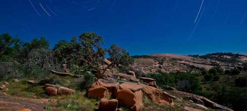 A night landscape featuring star trails above rocky terrain and sparse trees under a clear blue sky.