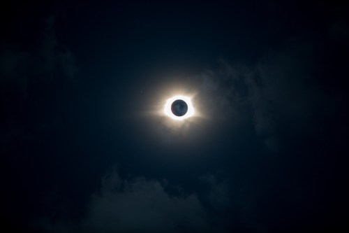 A solar eclipse with the moon partially covering the sun, surrounded by dark clouds.