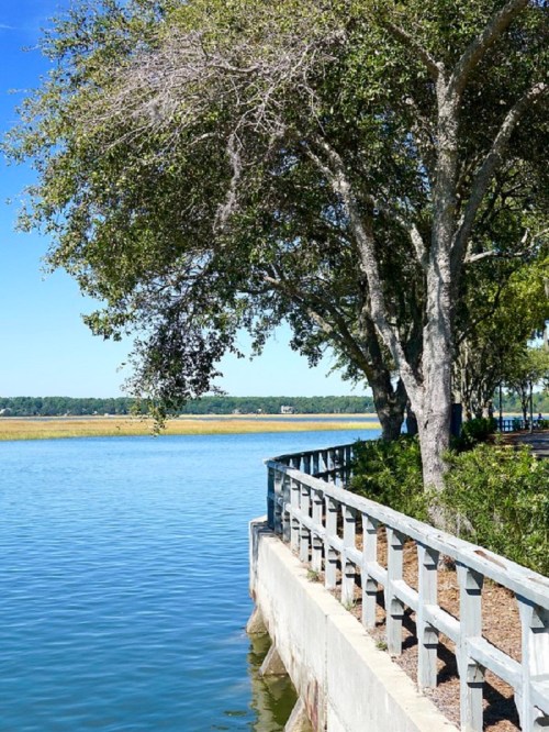 A serene waterfront scene with a wooden railing, trees, and calm blue water under a clear sky.