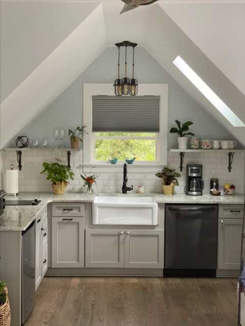 A modern kitchen with gray cabinets, a farmhouse sink, and natural light from a skylight, featuring plants and coffee equipment.