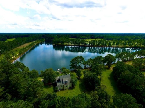 Aerial view of a serene lake surrounded by lush greenery and a small house near the water's edge.
