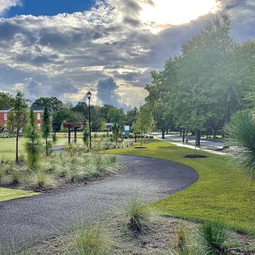 A winding path through a green park with trees, benches, and a cloudy sky in the background.