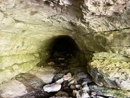 A dimly lit cave entrance with rocky walls and a stony floor, leading into darkness.