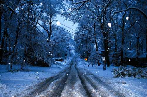 Snowfall on a country road in Georgia