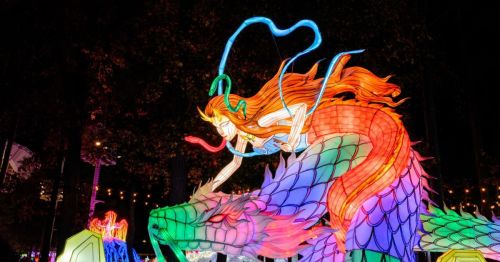 A vibrant illuminated display of a mermaid riding a colorful dragon, surrounded by festive lights.