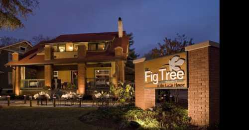 A charming restaurant, the Fig Tree, with a cozy exterior, illuminated at night, surrounded by greenery.