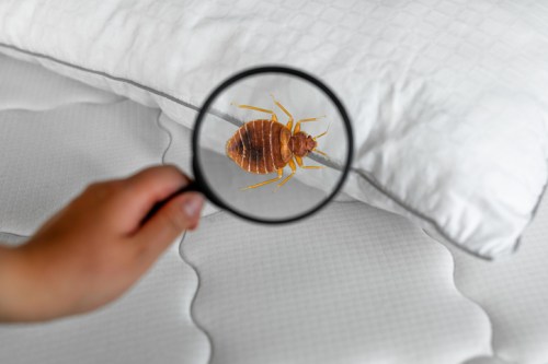 A hand holding a magnifying glass over a mattress, revealing a close-up of a bed bug.