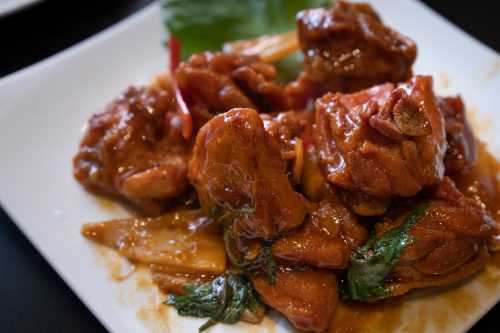 A close-up of a plate featuring tender chicken pieces in a savory sauce, garnished with herbs and vegetables.