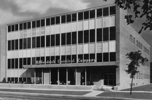 Black and white image of the B.F. Goodrich Chemical Company building, featuring a modern architectural design.