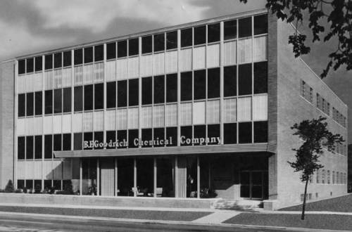 Black and white image of the B.F. Goodrich Chemical Company building, featuring a modern architectural design.