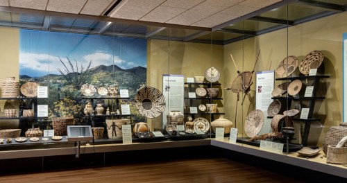Display of intricately designed baskets and artifacts in a museum setting, showcasing cultural craftsmanship and heritage.