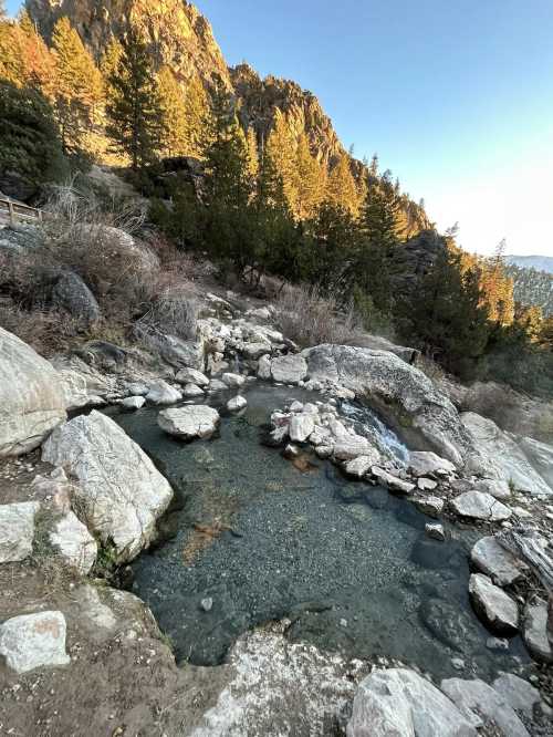 A serene natural pool surrounded by rocks and trees, with mountains in the background under a clear blue sky.