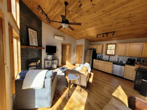 Cozy cabin interior with wooden ceiling, kitchen, living area, and large windows letting in natural light.