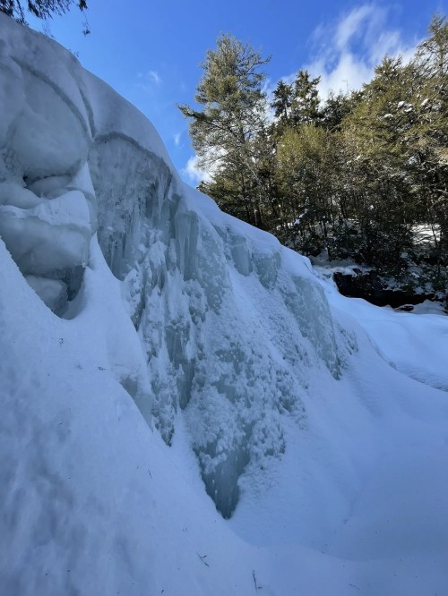A snowy landscape featuring a large ice formation under a clear blue sky, surrounded by evergreen trees.