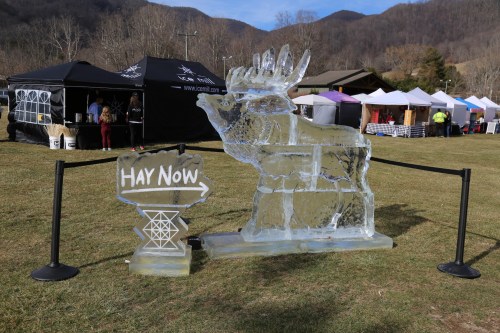 An ice sculpture of a moose next to a sign pointing to "Hay Now" at an outdoor event with tents in the background.