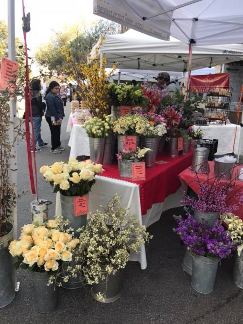 A vibrant flower stall at a market, featuring various bouquets in metal buckets and colorful signage.