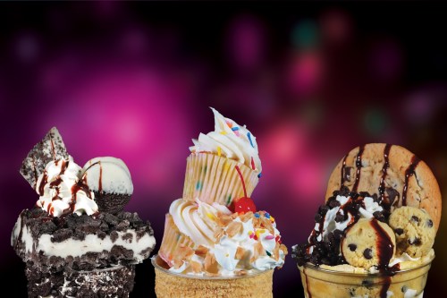 Three delicious desserts: a chocolate cake with ice cream, a colorful cupcake, and a cookie sundae, all on a vibrant background.