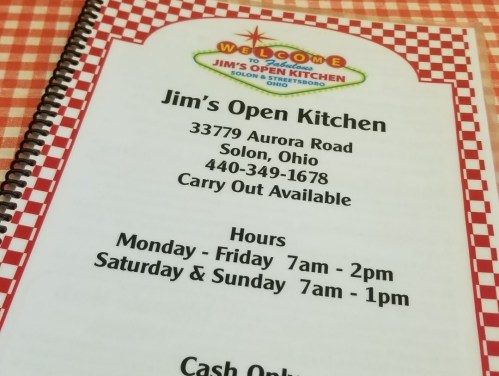 Menu cover for Jim's Open Kitchen in Solon, Ohio, with contact info and hours of operation. Cash only.
