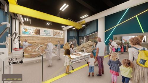 A vibrant museum exhibit featuring families exploring dinosaur fossils and interactive displays in a modern setting.