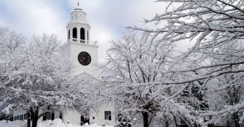 A snowy scene featuring a clock tower surrounded by trees covered in fresh snow.