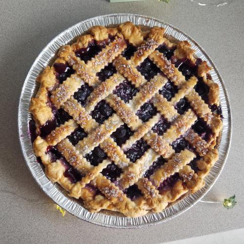 A freshly baked blueberry pie with a golden lattice crust, sprinkled with sugar, in a silver pie dish.