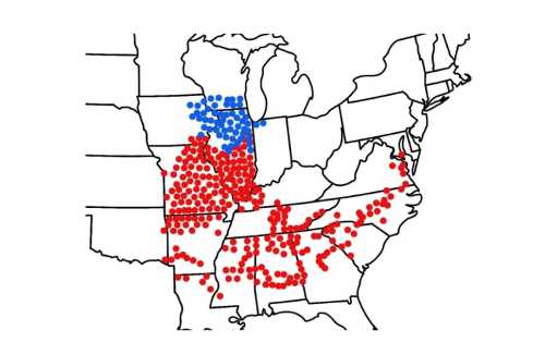 Map of the Midwest and Eastern U.S. with red and blue dots indicating different data points or regions.