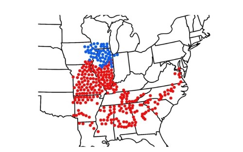Map of the Midwest and Eastern U.S. with red and blue dots indicating different data points or regions.