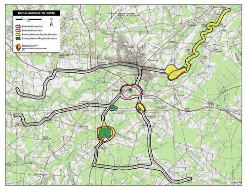 Map of the Kinston Battlefield, NC, showing battle areas, proposed boundaries, and existing national register boundaries.