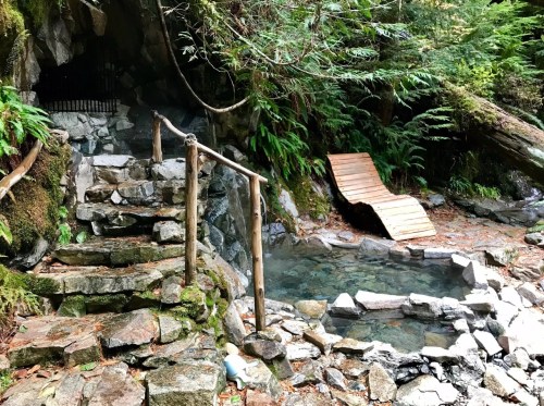 A serene natural hot spring surrounded by lush greenery, with stone steps leading to the water and a wooden lounge chair nearby.
