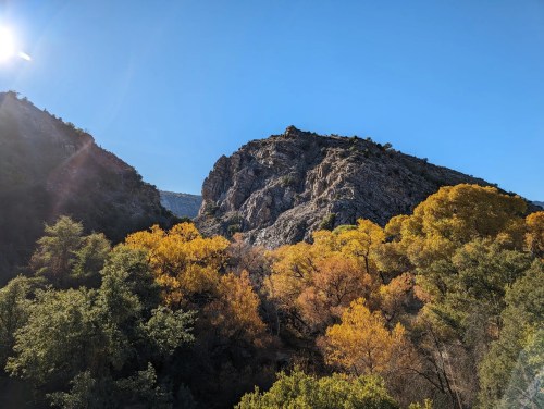 A scenic view of mountains with vibrant autumn foliage under a clear blue sky.