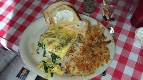 A plate with an omelet, hash browns, toast with butter, and a side of pills on a checkered tablecloth.