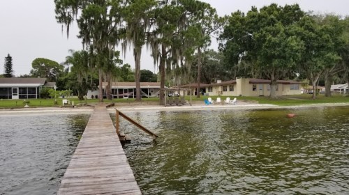 A wooden dock extends over calm water, leading to a grassy shore with trees and houses in the background.