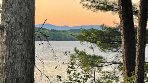 A serene lake view framed by trees, with mountains in the background and a soft sunset glow in the sky.