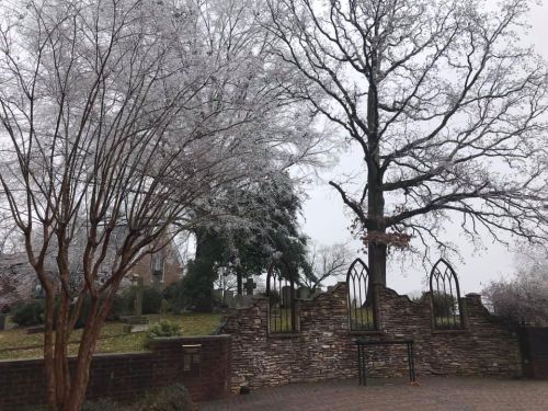 A winter scene featuring frosted trees and a stone wall with arched openings, set against a gray sky.