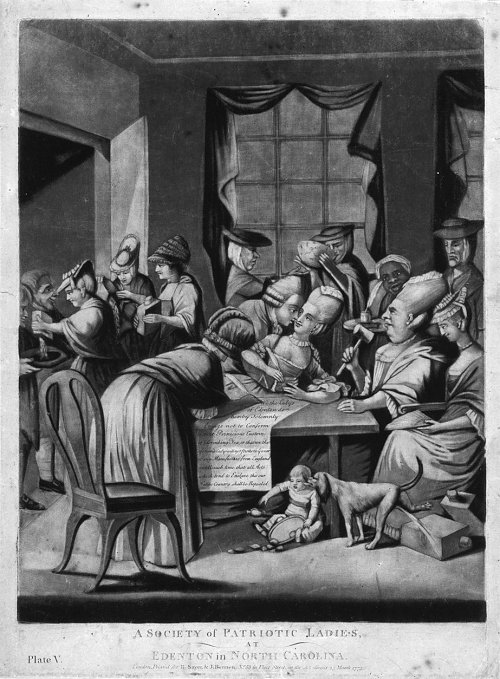 A historical illustration of women in a room, engaged in activities for the Society of Patriotic Ladies in North Carolina.
