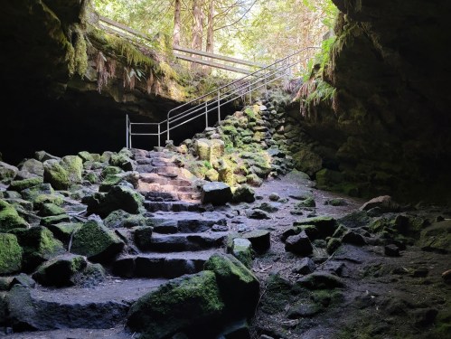 Stone steps lead up through a moss-covered cave, surrounded by lush greenery and natural rock formations.