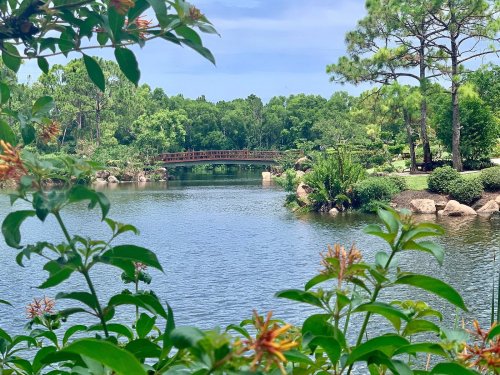 A serene park scene featuring a wooden bridge over a calm lake, surrounded by lush greenery and colorful flowers.