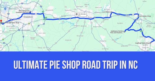 Map showing the route for the "Ultimate Pie Shop Road Trip" in North Carolina, highlighting various pie shops.